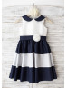 Ivory Navy Blue Stripe Taffeta Knee Length Flower Girl Dress